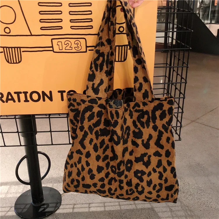 Leopard Print Women Shoulder Bags Vintage Ladies Corduroy Vest Bag Large Capacity Female Reusable Shopping Handbags Casual Tote