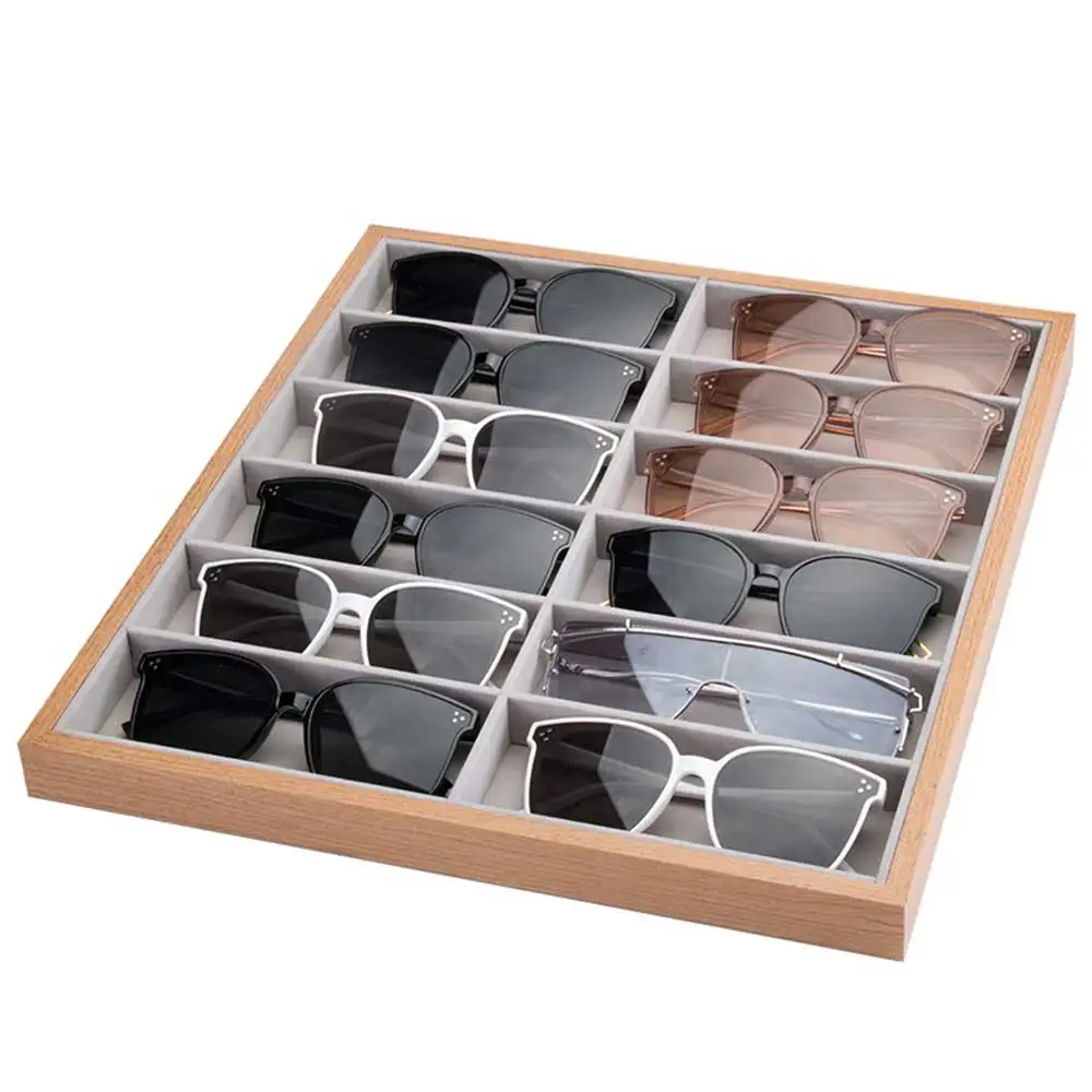 12 Grids Wooden Glasses Storage Rack Velvet Liner Sunglasses Display Tray Eyewear Eyeglasses Storage Organizer Box