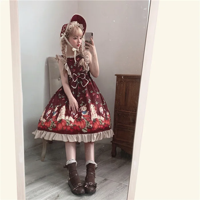 Japanese sweet lolita dress vintage lace bowknot high waist cute printing victorian dress kawaii girl gothic lolita jsk loli cos