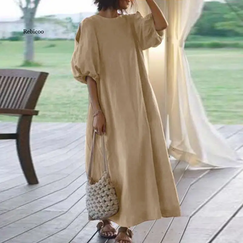 Summer Women  Dress Solid Sundress Elegant Loose Plain Cotton Linen Half Sleeve Maxi Dress Casual Robe Femme Vestidos