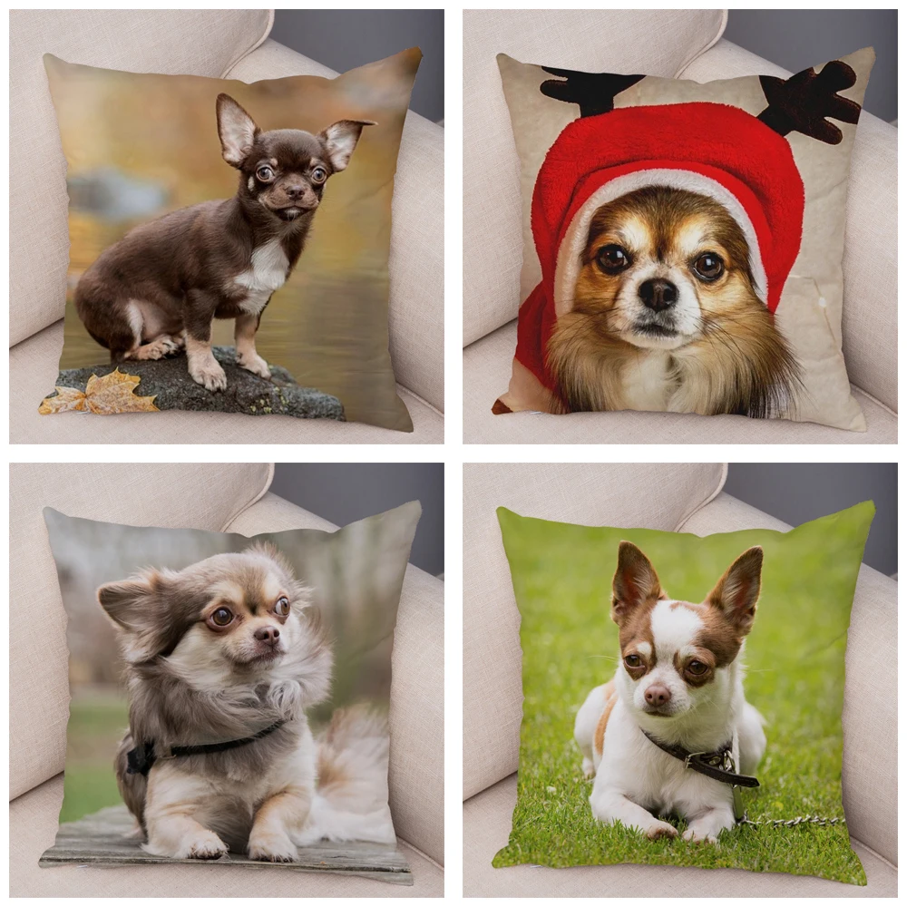 Lovely Pet Animal Pillow Case Decor Cute Little Dog Chihuahua Pillowcase Soft Plush Cushion Cover for Car Sofa Home 45x45cm