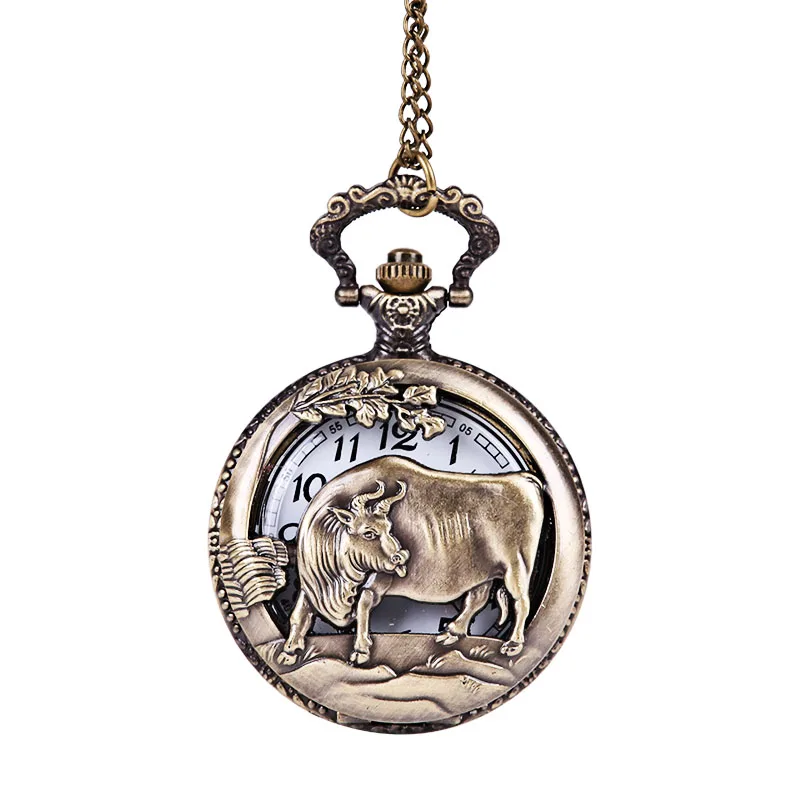 Retro trend bronze zodiac cow pattern engraving perspective open white digital pocket watch with chain