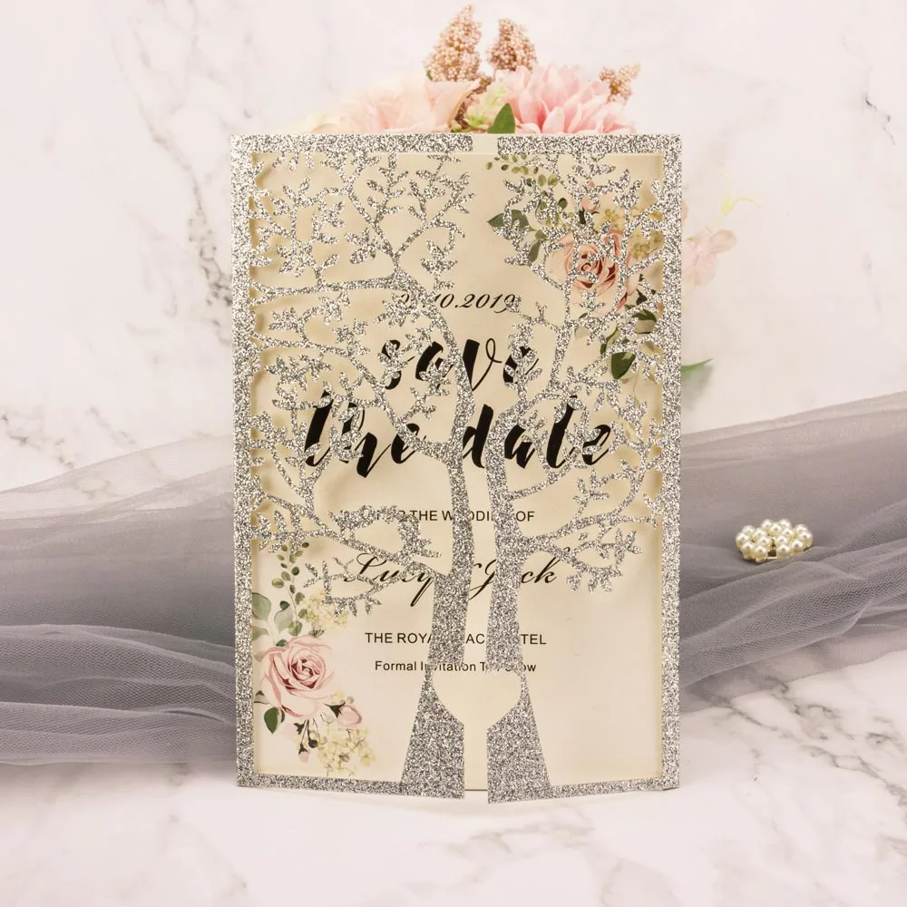 1X Laser Cut White Red Navy blue Gold Gray Tree Gate fold Wedding Invitations Cards Party Invite Bridal shower Greeting Birthday
