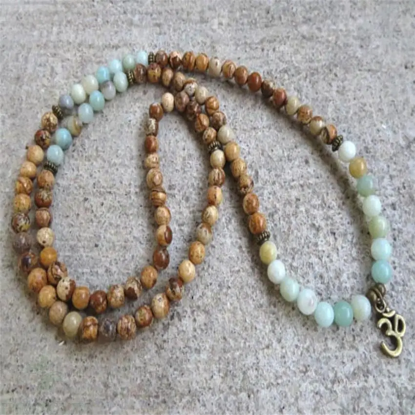 

6mm Amazonium Gemstone Picture stone Mala Bracelet 108 Beads chainVeins chainHealing Tassel pray mala Buddhism Stress natural