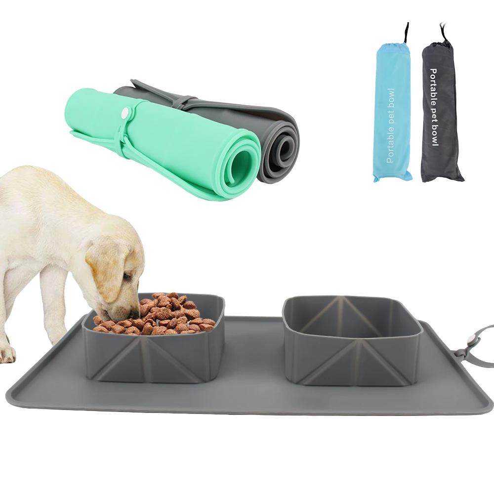 Tigelas duplas para cães e gatos Alimentador de água de silicone Tigela portátil para animais de estimação Recipiente de alimentos Dobrável Saco de flanela