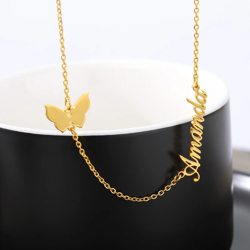 Personalized Butterfly Custom Name Necklaces For Women Gold Color Stainless Steel Chain Pendant Necklace Jewelry