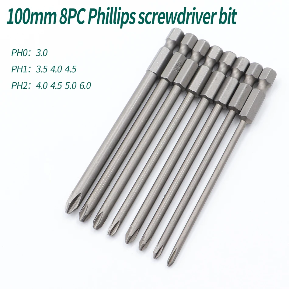 8pcs 100mm Phillips screwdriver bit with magnetic PH0 PH1 PH2 screwdriver bit S2 alloy steel