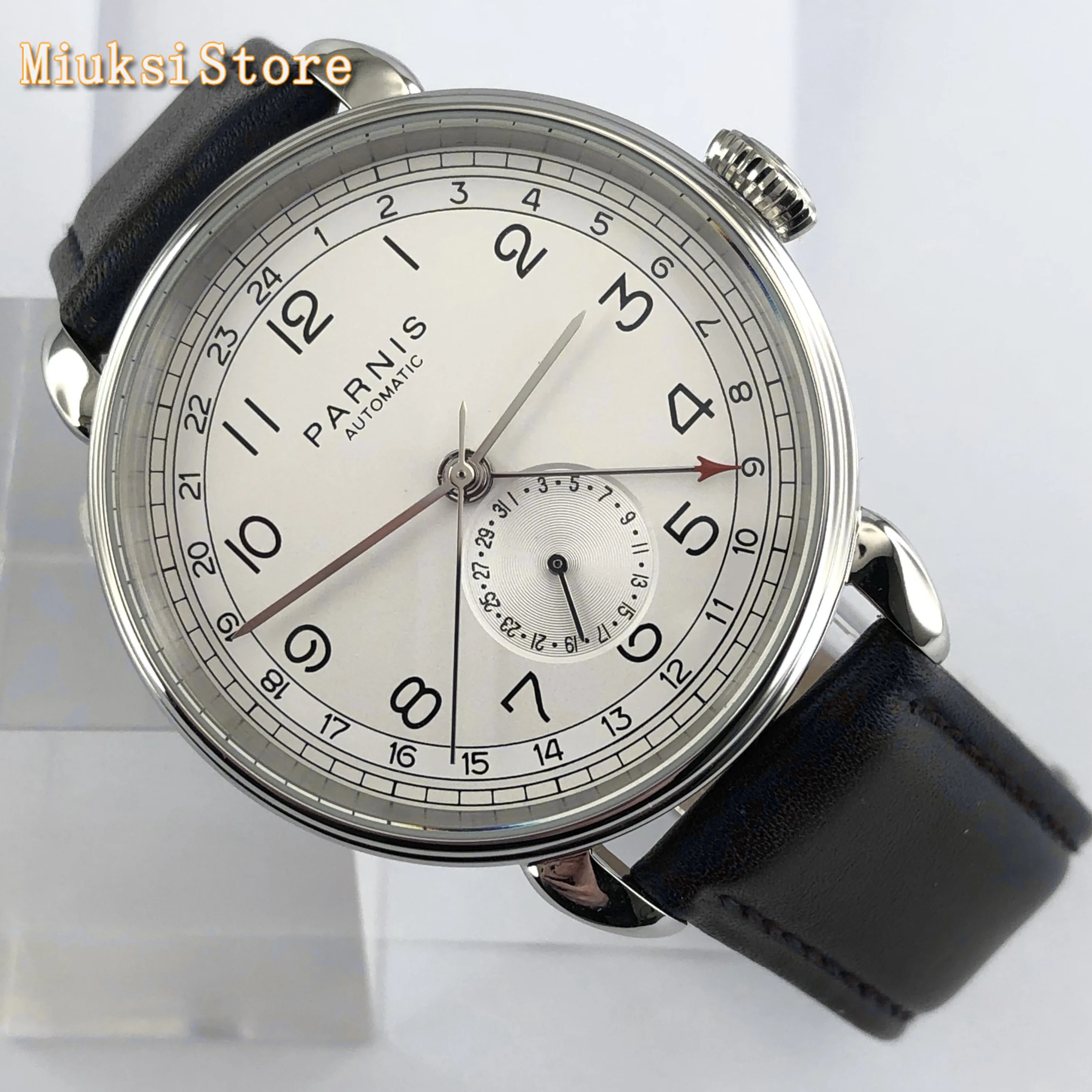 Parnis Top mens automatic mechanical watch 42mm silver case GMT arab mark date window leather mens watches