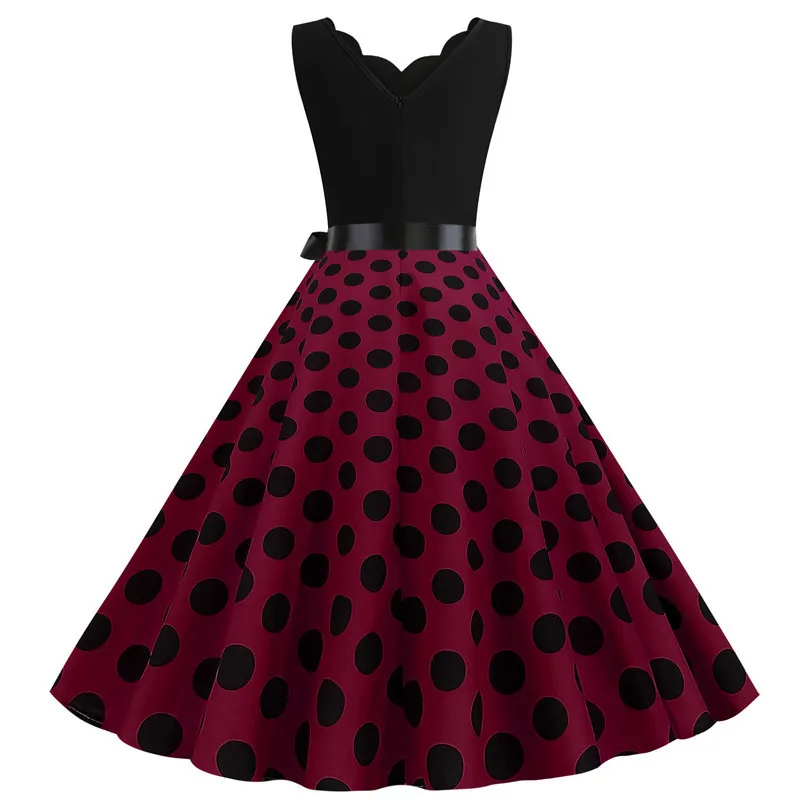 Polka Dot Print Women Summer Dress Black Patchwork Sleeveless V Neck Elegant Vintage Party Casual Midi Dress