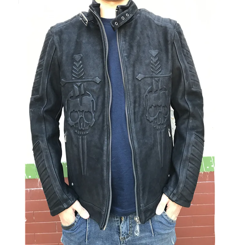 Vintage Black Autumn Skulls Leather Jacket Men Stand Collar Plus Size 3XL Natural Cowhide Slim Fit Genuine Leather Coat
