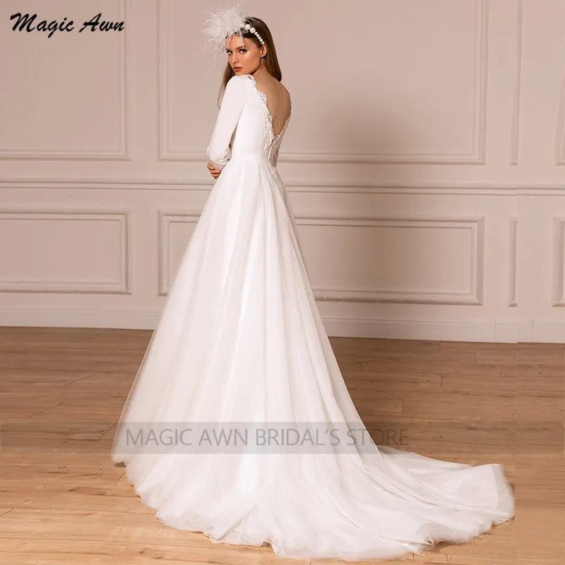 Magic Awn-Vestidos de novia de manga larga, Apliques de encaje con ilusión, cuello en V, marfil, elegante, corte en A, sin espalda