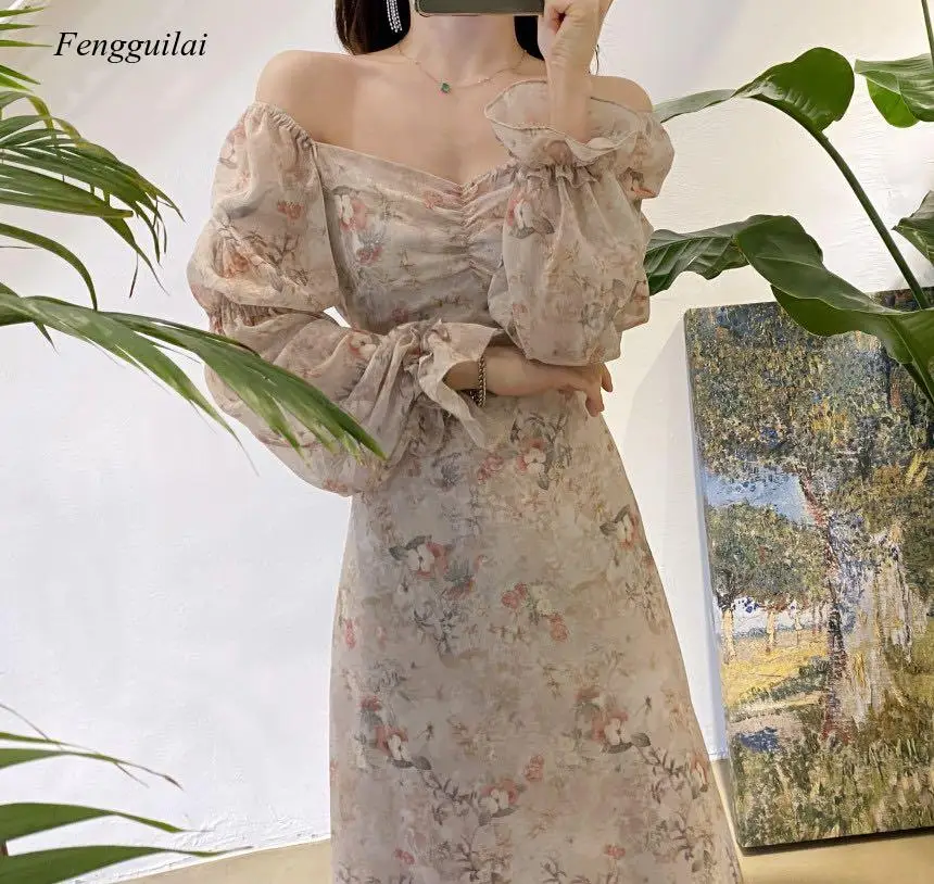 Robes à imprimé Floral pour femmes, Sexy, manches bouffantes, élégantes, taille Slim, été, 2021