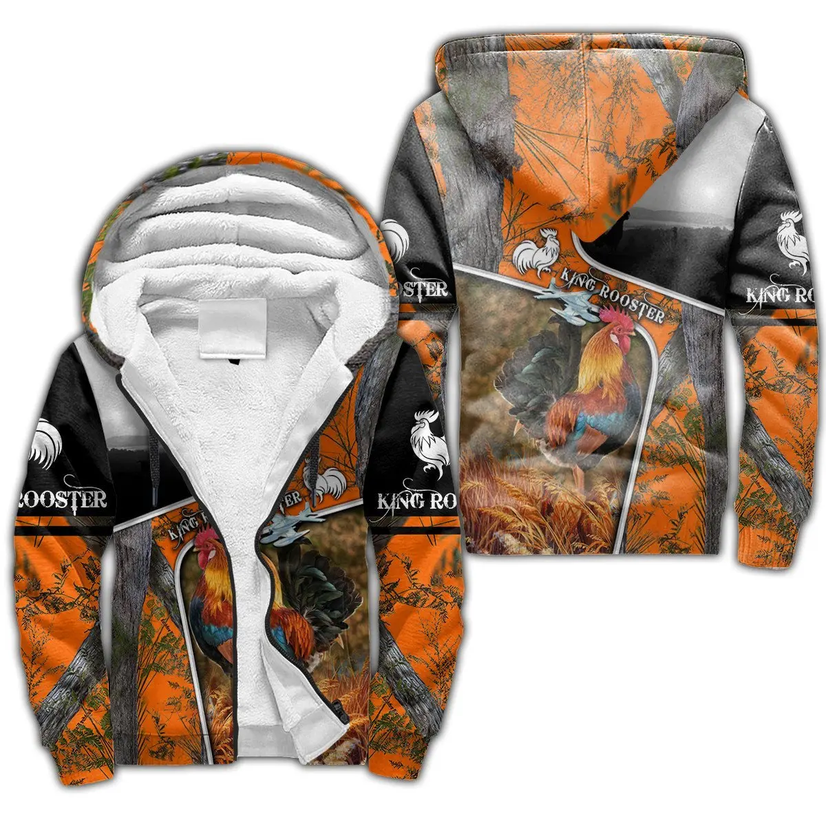 Beautiful King Rooster 3D All Over Printed Winter Thicker Zip Hoodie Unisex Casual Hooded Tracksuit Warm Fleece Jacket KD10