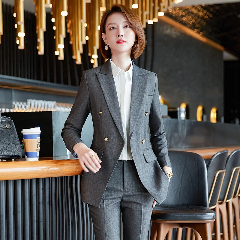 High Quality Fabric Formal Professional Ladies Office Work Wear Autumn Winter OL Styles Pantsuits Elegant Striped Blazers Set