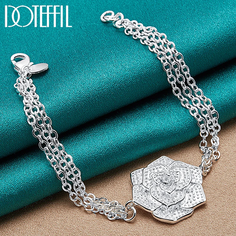 

DOTEFFIL 925 Sterling Silver Big Rose Flower Chain Bracelet For Women Charm Wedding Engagement Party Best Gift