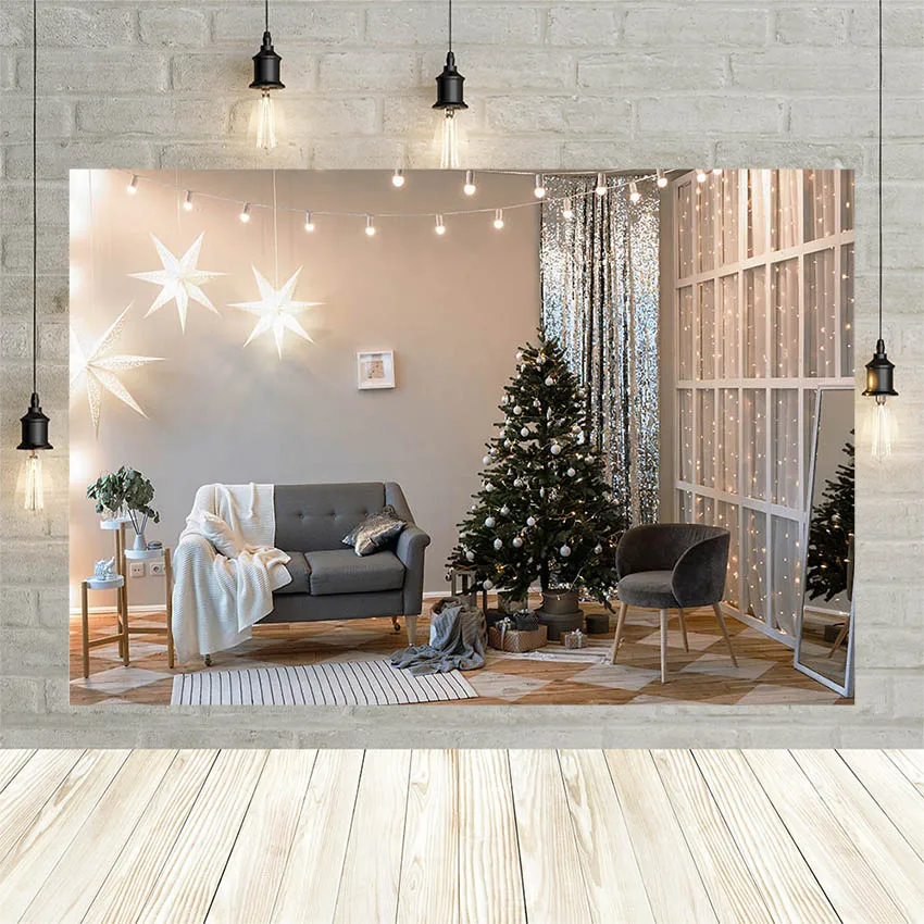 Avezano Christmas Photography Background Winter Glitter Star Light White Window Sofa Backdrop Photo Studio Family Portrait Decor