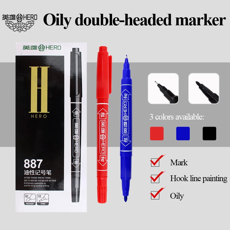 Hero Double Heads Oily Marker CD/DVD Markers Hook Line Pen Signing Pens Black/Red/Blue Marker Stroke Drawing Writing Symbol 887