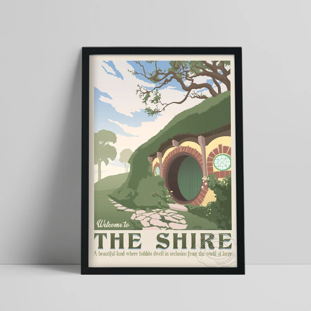 Póster de película de fantasía clásica, pegatinas de pared de paisaje de Shire, impresiones artísticas de Hobbiton Retro de viaje, película de elfos, decoración del hogar para sala de estar