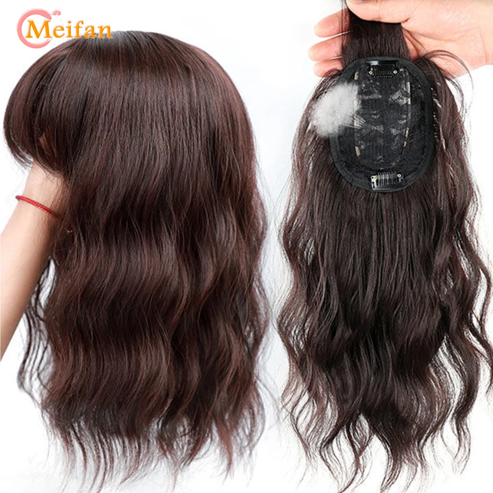 MEIFAN Synthetic Toupee Hairpiece 3-Clips On One Piece Hair Extension With Bangs Closure Hair For Women Cover the White Hair Hai