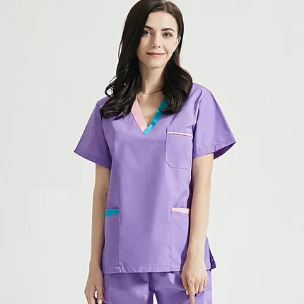 Women Scrubs Top Cotton Nurse Uniforms Long Sleeve Color Blocking Scrub Set Lab Doctor Workwear Clothes