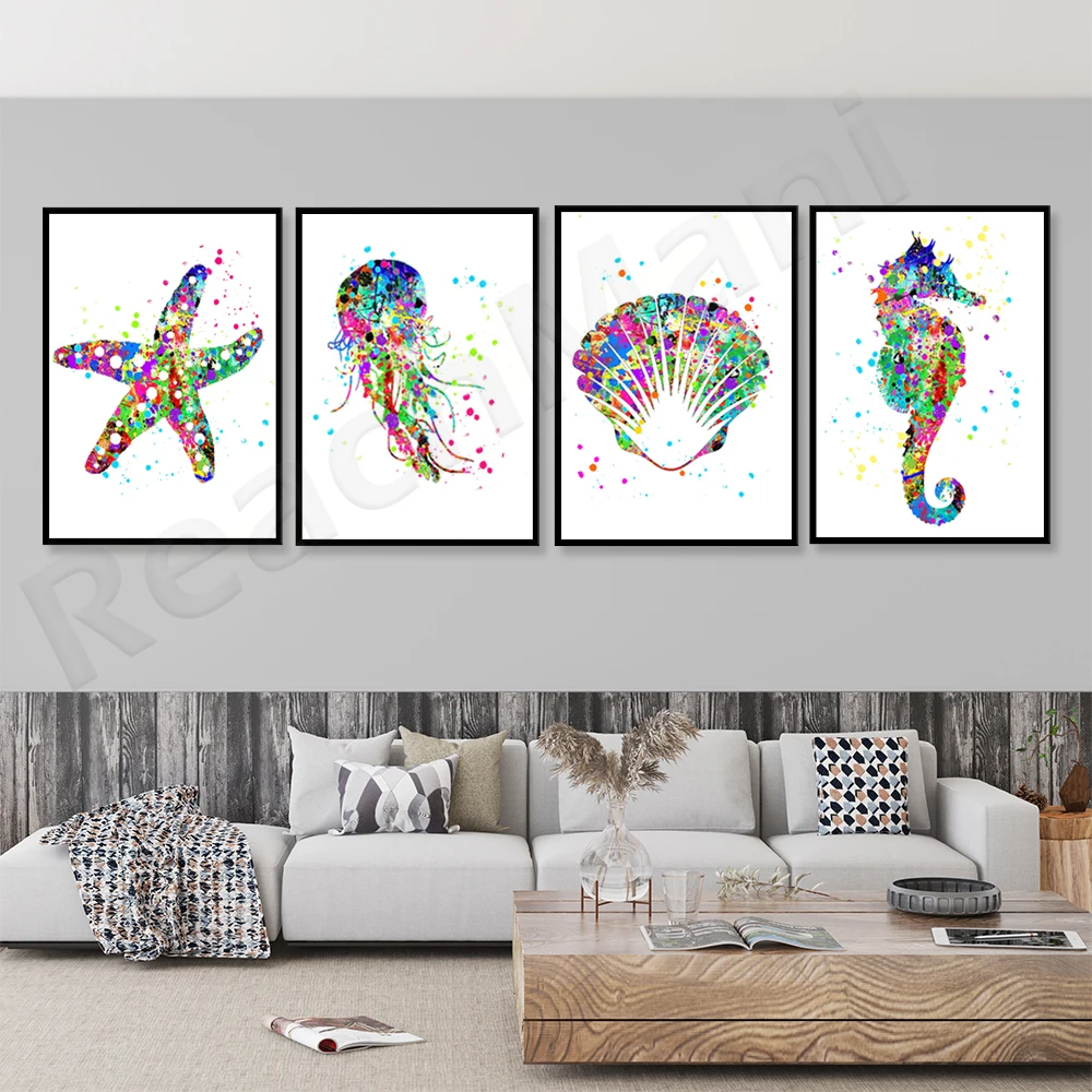 

Marine prints, watercolor shells, starfish, seahorses, jellyfish posters, ocean decoration beach wall art coastal gifts