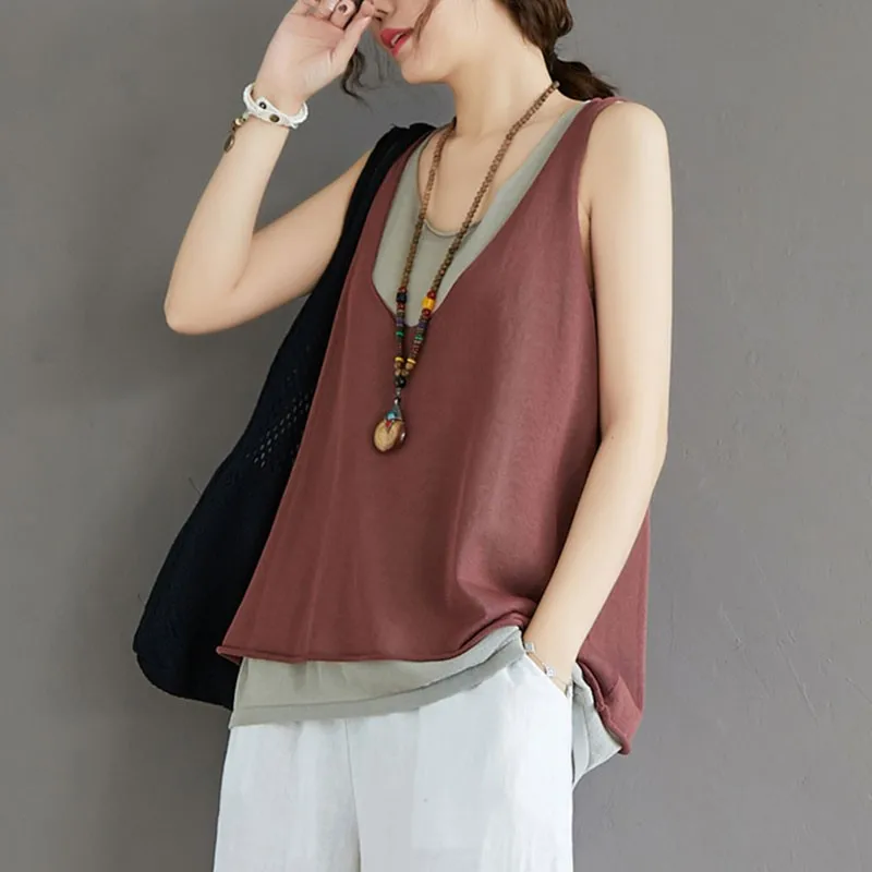 Fake 2 Piece Women Summer Casual Tank Tops New Arrival 2021 Simple Style V-neck Loose Comfortable Female Cotton Vests S3513