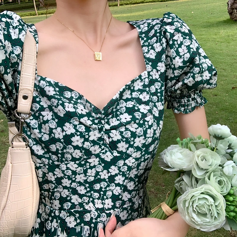 Vrouwen Korte Mouwen Jurken V-hals Groene Bloemen Gedrukt Side-Slit Elegante Vrouwelijke Vakantie Mode Jurk Zomer Nieuwe Vintage Ulzzang