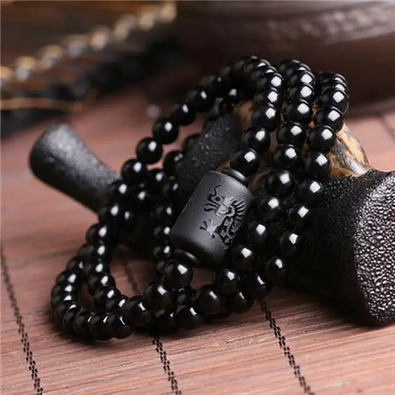 Natural Black Obsidian Carved Buddha Lucky Amulet Round Beads Strand Bracelet for Women Men Yoga Jewelry 6MM 8MM 10MM 12MM