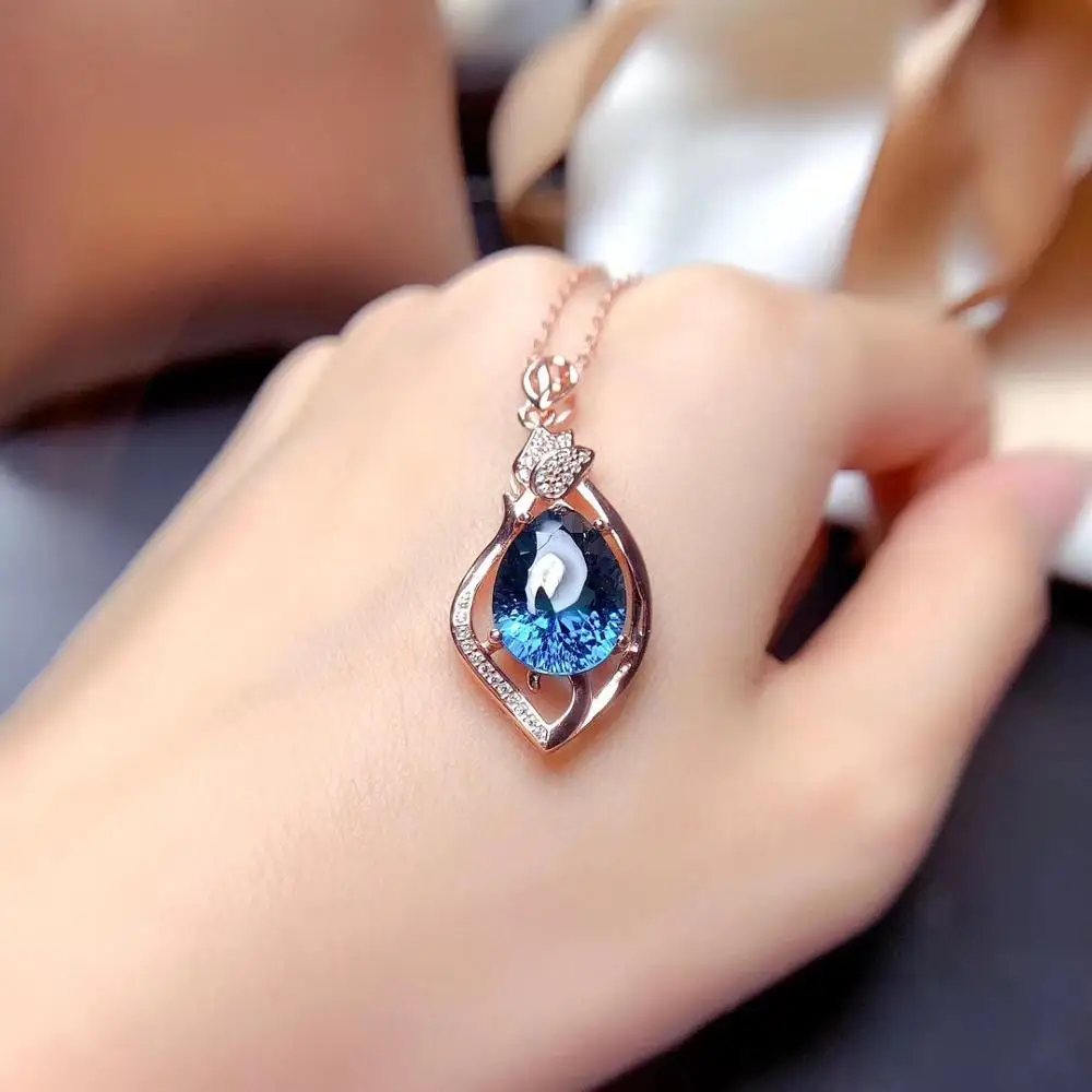 Natural and Real blue topaz pendant Free shipping Natural and real blue topaz 925 sterling silver Fine jewelry 10*14mm