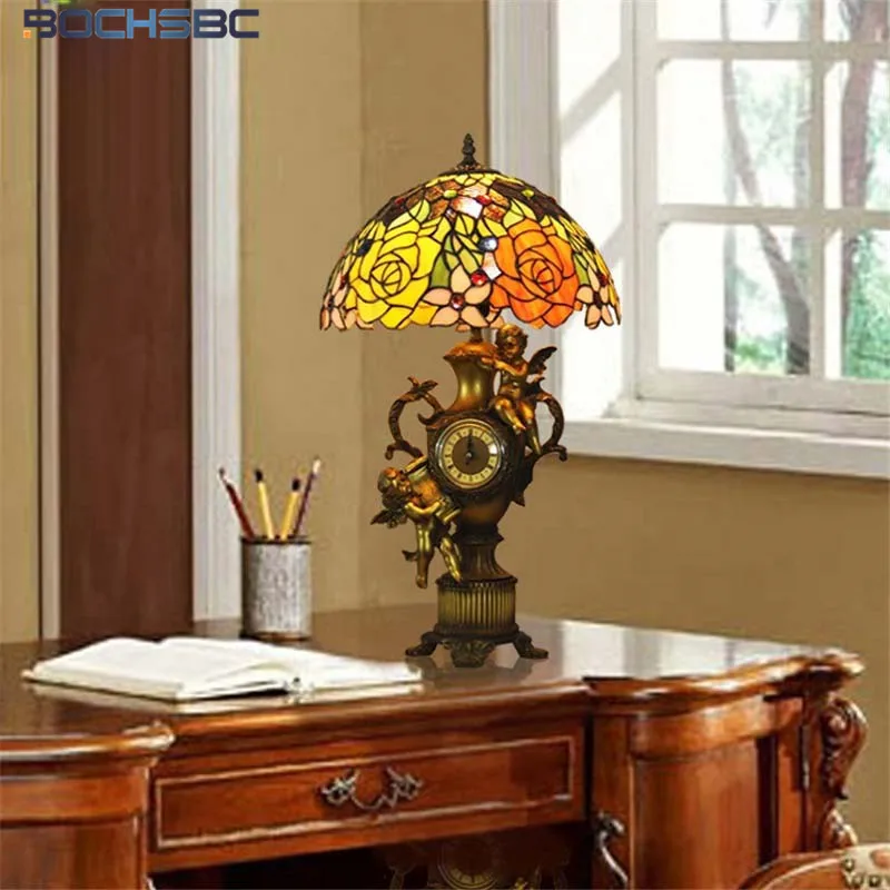 BOCHSBC Staied Glass Tiffany Table Lamps Parrot Bird Desk Tree Branch Light Jewel Rose Decorated European Colorfully Desk Light