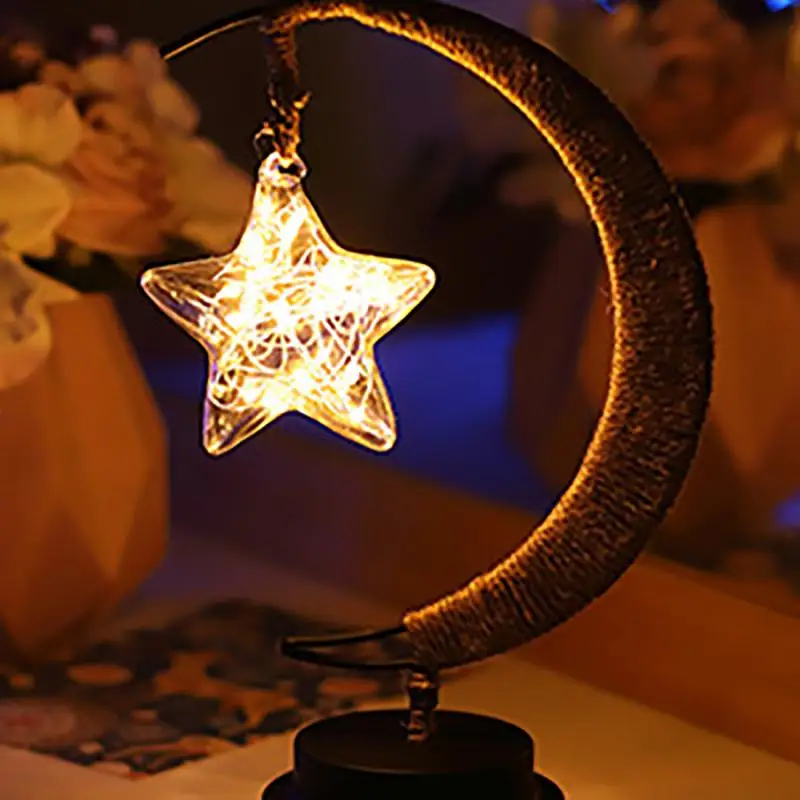 Led Star/Moon/ Takraw Christmas Gifts Fairy String Lights Hemp Rope Night Lamp for Party Kid Room Handmade Hemp Rope Night Lamp