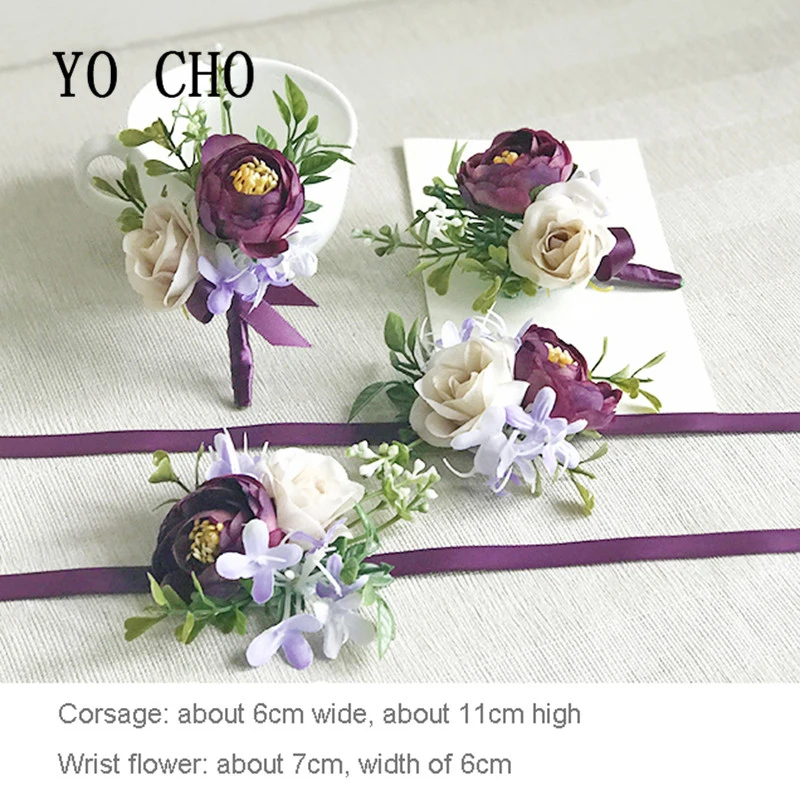 YO CHO Purple Wedding Bracelet Groom Boutonniere Wedding Corsage and Women Brooch Flore Wedding Marriage Corsage Bracelet Flower