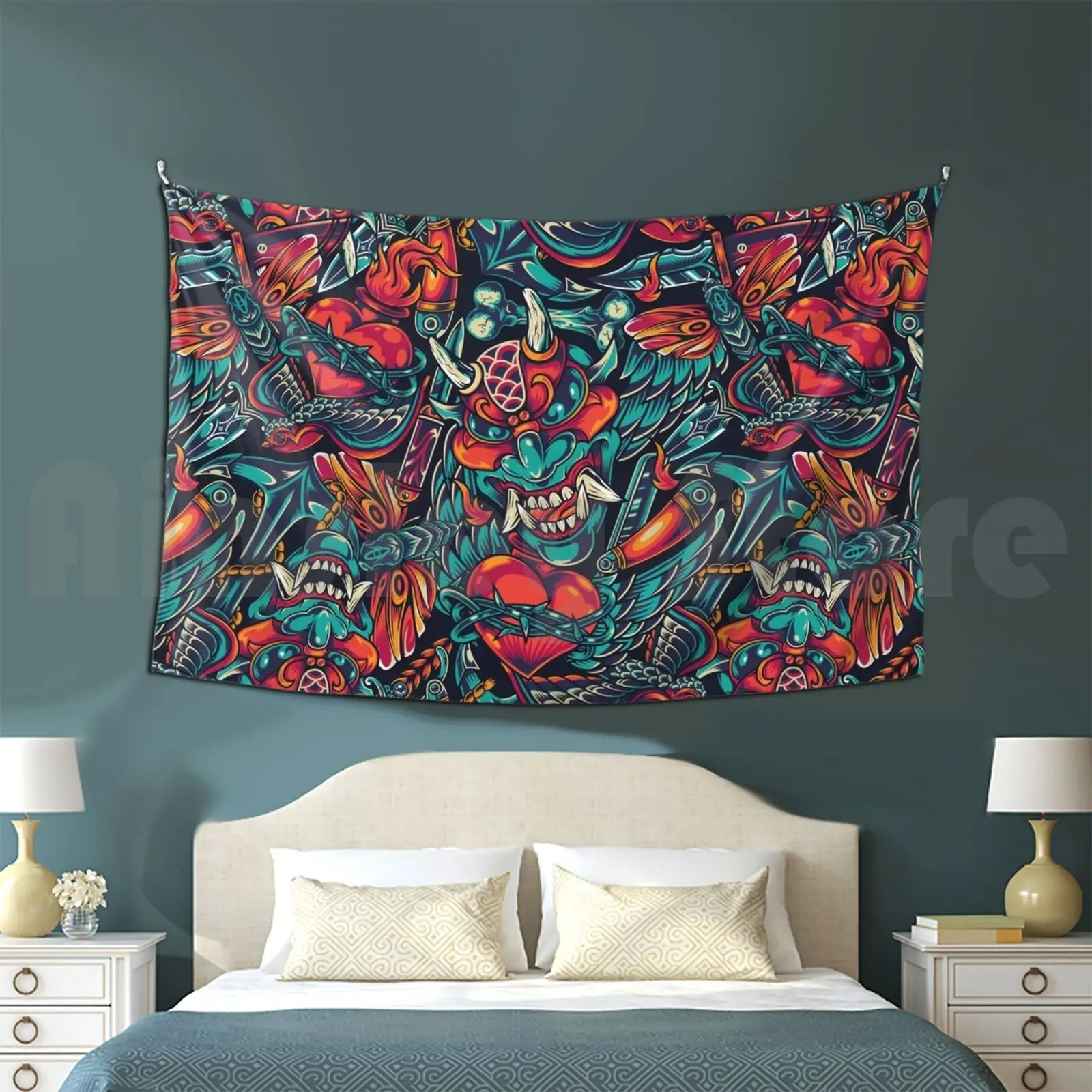 Classic Colourful Tattoo Pattern With Oni Tapestry Living Room Bedroom Traditional Attoo Japanese Demon Oni Bird