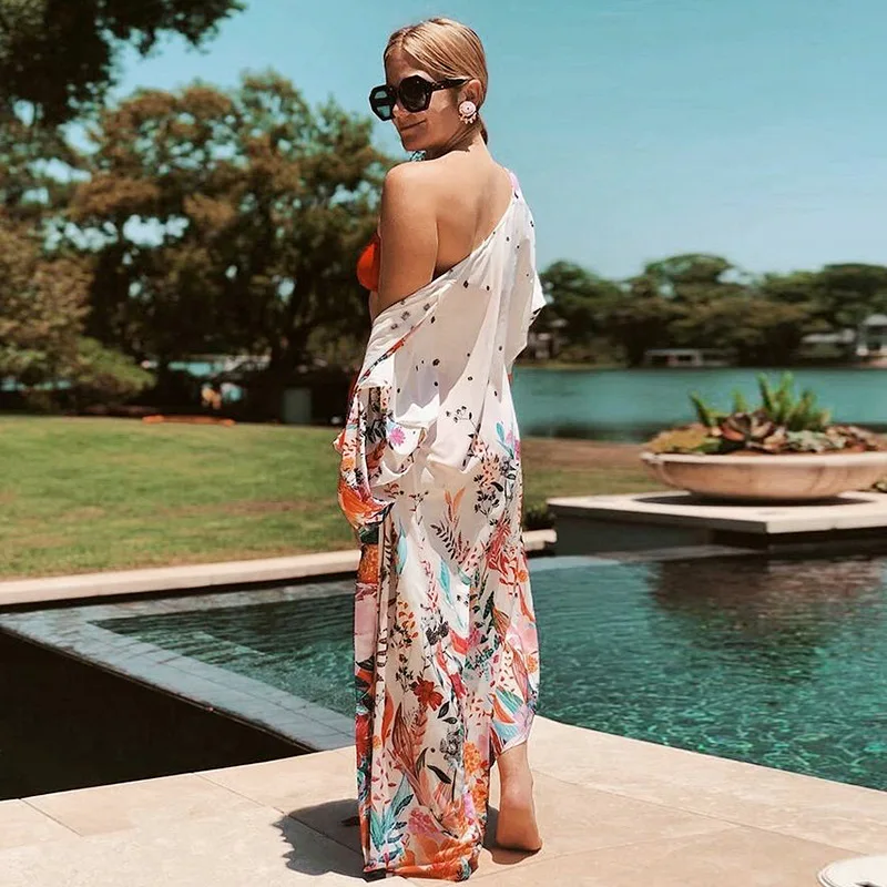 Teelynn Wit Bloemenprint Losse Bikini Cover Up Vrouwen Kimono Robe Oversize Zomer Vest Boho Strand Lange Blouse Tuniek Kiel