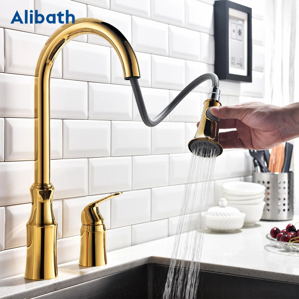 Kitchen Faucet Brass Gold Pull Out Kitchen Sink Water Tap Single Handle Mixer Tap 360 Rotation Kitchen Shower Faucet