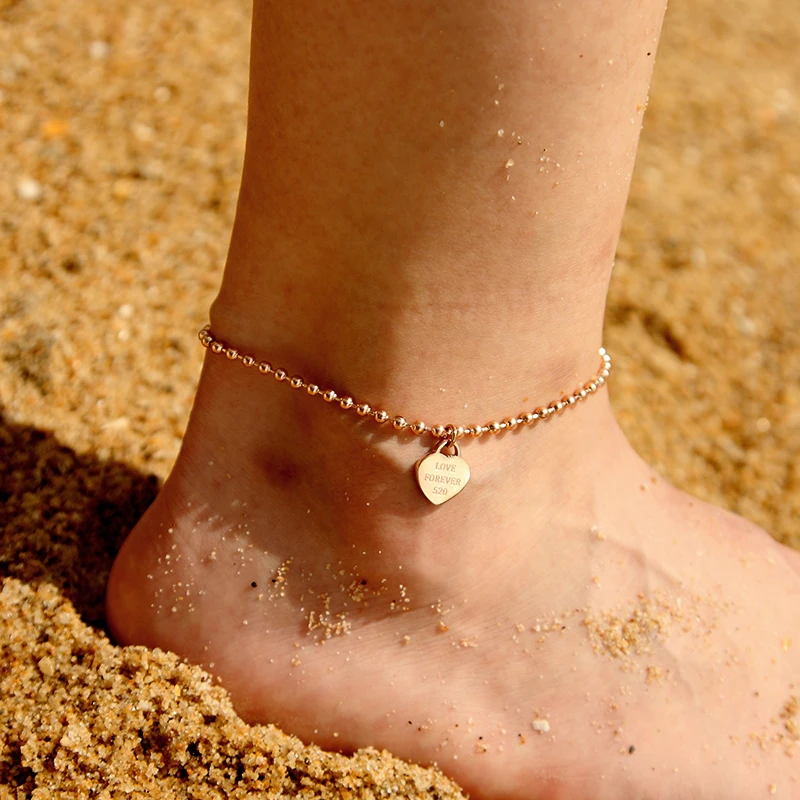 Hot sale Sumer Beach Leg bracelet For Women Charm Beaded heart-shaped Pendant stainless steel Chain Anklet Femme Girl Gifts new