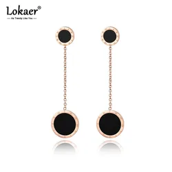Lokaer Trendy Double Circle Roman Numerals Long Tassel Earrings For Women Stainless Steel Female Party Earrings Jewelry E17055