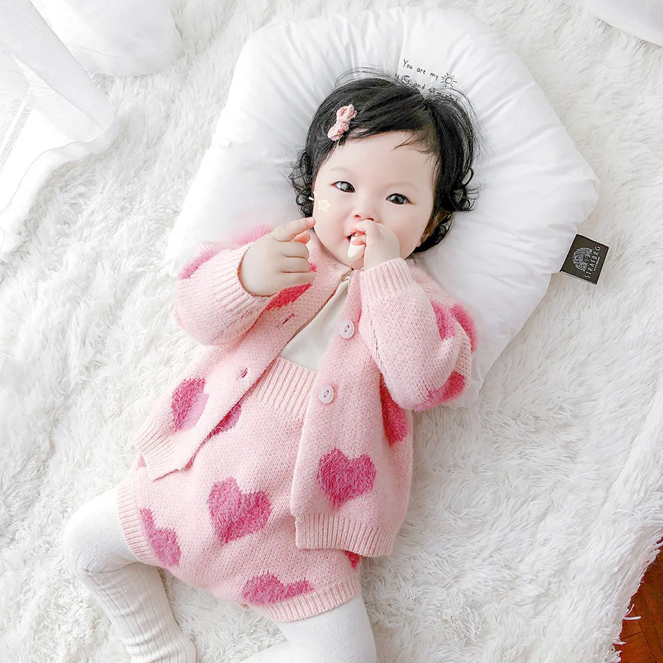 MILANCEL baby girl clothes baby knit clothing set heart bodysuit baby sweaters 2 pcs baby suit  soft newborn clothes