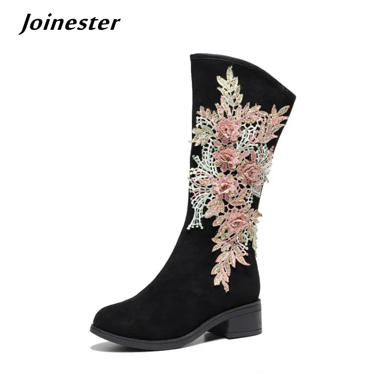 Women Stacked Heel Mid Calf Boots Zip up High Riding Boot Faux Suede Retro Appliques Long Booties for Female Plush Winter Shoe