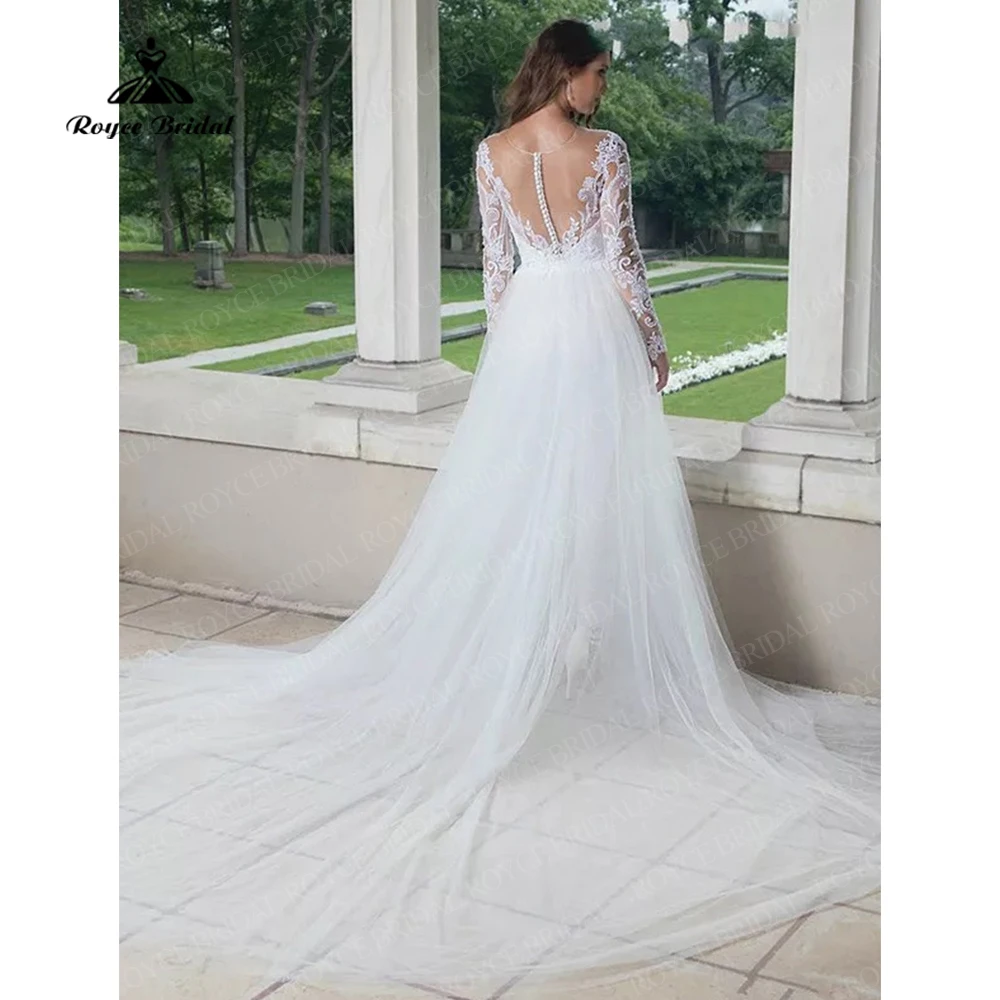 Branco manga longa macacão vestidos de casamento com trem destacável 2023 rendas apliques elegante tule calças terno vestido de noiva