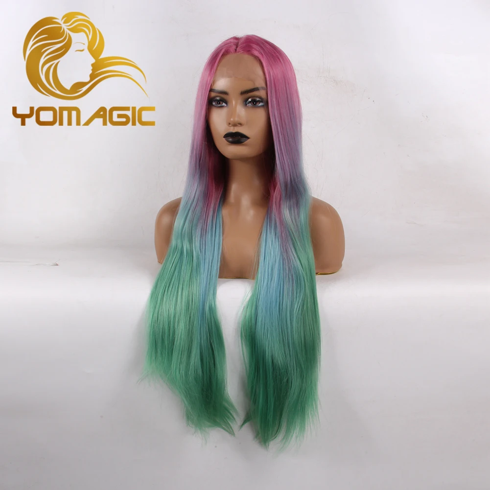 Yomagic Colorful Synthetic Hair Lace Front Wigs for Women Natural Hairline Straight Glueless Lace Wigs Pink Blue Green