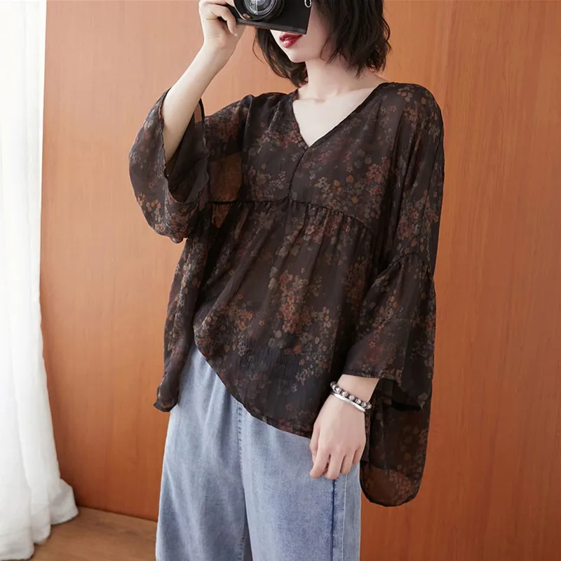 Women Loose Casual T-shirts New Arrival 2021 Summer Simple Style Vintage V-neck Floral Print Female Tops Tees S3483