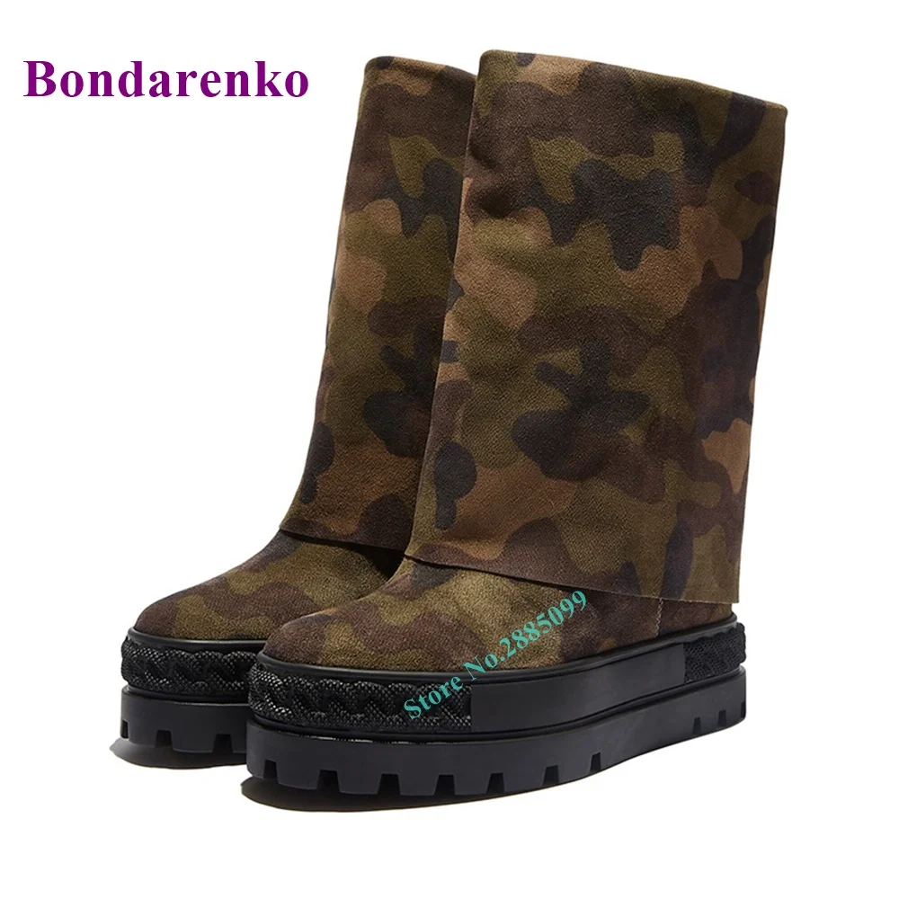 

Frosted Camouflage Mid Calf Boots Sleeve Leather Round Toe Platform Height Increasing Boots Winter Women Shoe Party Dress Boots