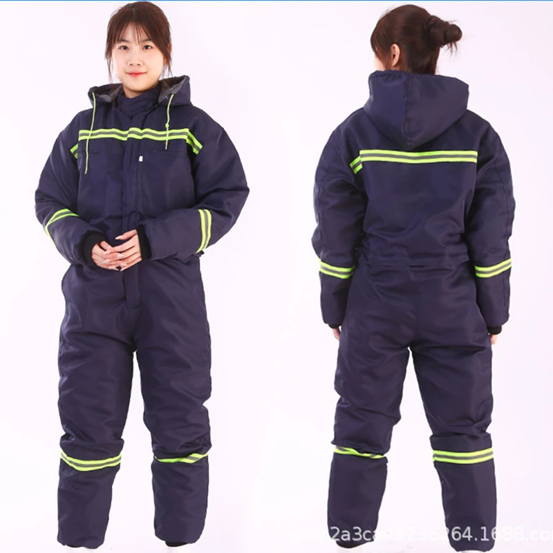 Women Winter Insulated Coveralls Warm Cotton Padded Hooded Work Overalls Thicken Cold Storage Jumpsuit Coats Long Sleeve