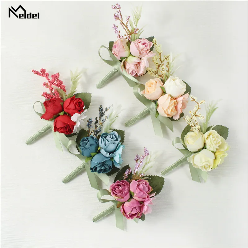 Meldel-Corsage de pulso para casamento, boutonniere masculino, pulseira, alfinetes do noivo, flor de corsage de pulso, rosa vermelha seda