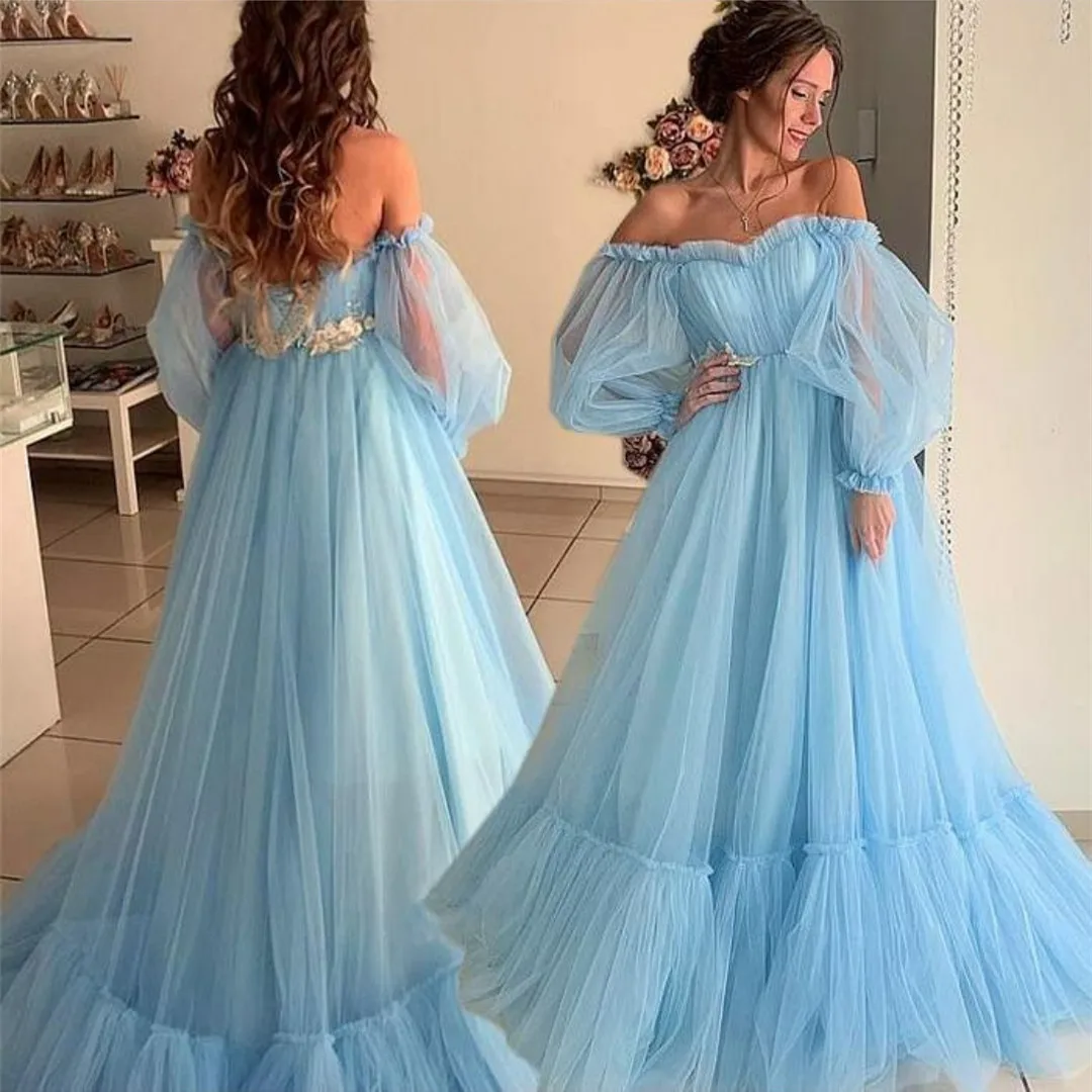 Vestidos de Noche largos de tul musulmán rosa personalizados con mangas corte en A hasta el suelo de encaje Abendkleid vestido de fiesta Formal para mujer