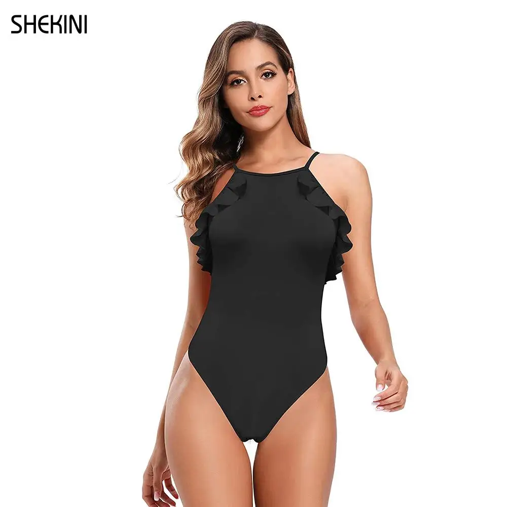 

SHEKINI Womens High Neck No padded Bikini One Piece Swimsuit Sexy Backless Ruffle Bathing Suits Summer Solid Beach Swimwear