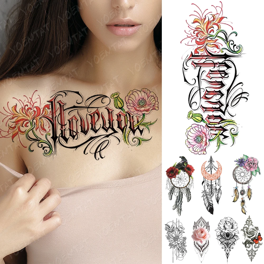 

Waterproof Temporary Tattoo Sticker Dreamcatcher Flowers Love Flash Tattoos Butterfly Lotus Body Art Arm Fake Sleeve Tatoo Women