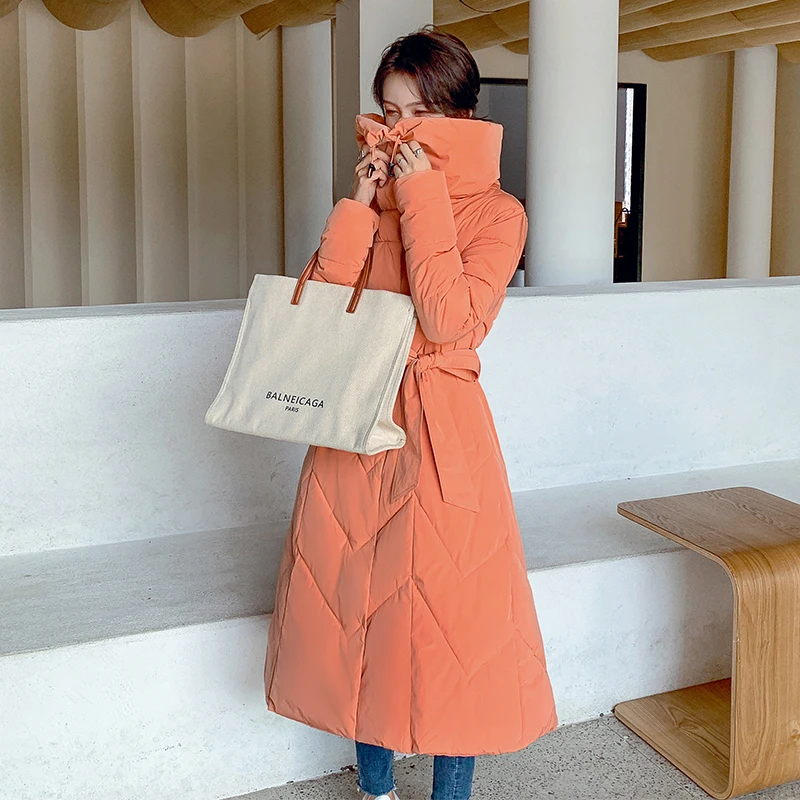 Winter Solid Turn-Down Collar Down Cotton Jacket Women Korean Style Casual Long Parkas Zipper Pockets Female Overcoat