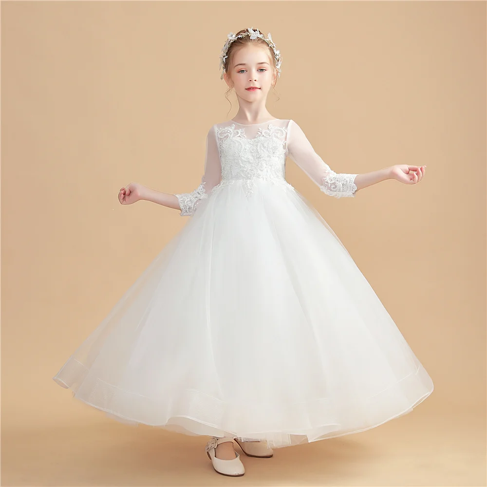 Vestido de princesa con apliques para niña, vestido de flores para niños, boda, primera comunión, celebración, fiesta de cumpleaños, baile, evento, graduación